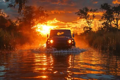 Red SUV Fording Through Water at Sunset - free wallpaper 3000×2000