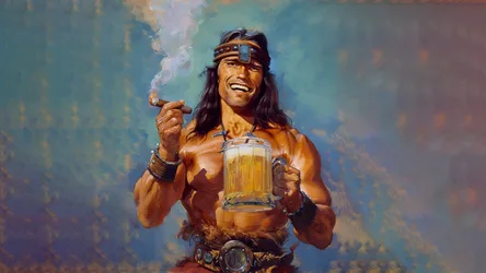 Muscular Barbarian Warrior with Beer Mug and Cigar - free wallpaper 2560×1440
