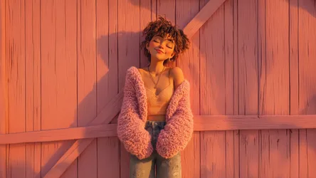 Woman in Pink Cardigan Against Orange Wood Wall - free anime wallpaper 5120×2880
