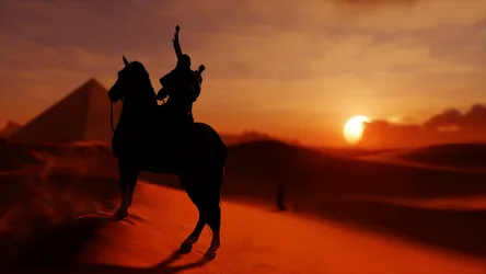 Silhouetted Rider on Horse at Desert Sunset - free animals wallpaper 1920×1080