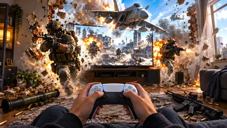 Gaming Room Destruction with Military Action Game Display - free wallpaper 8360×4705
