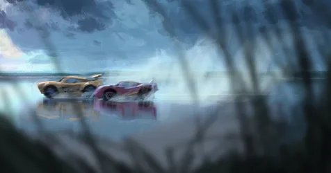 Two Racing Cars on Flooded Road in Storm - free wallpaper 3200×1680