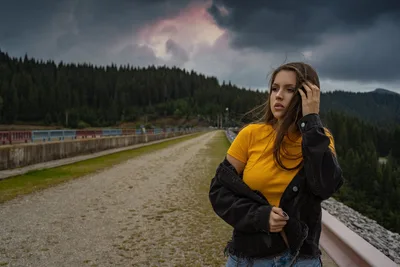 Woman in Yellow Shirt at Mountain Track Overlook - free people & portraits wallpaper 2400×1600