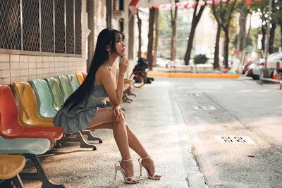 Woman Seated on Colorful Bench in Urban Street - free people & portraits wallpaper 2048×1365
