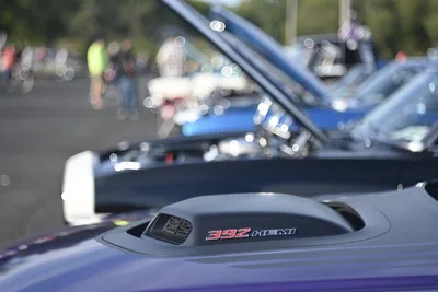 392 HEMI Engine Badge on Blue Muscle Car Hood - free wallpaper 6144×4096