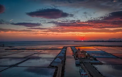 Salt Ponds at Sunset with Traditional Building - free wallpaper 6144×3915
