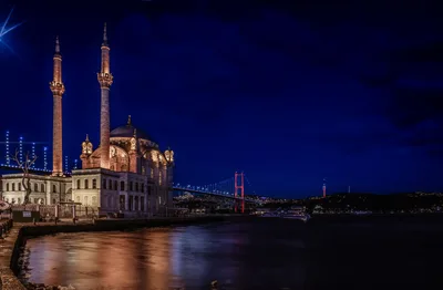 Illuminated Mosque by Bosphorus Bridge at Dusk - free city & urban wallpaper 6144×4020