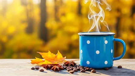 Steaming Blue Polka Dot Mug With Autumn Leaves and Coffee Beans - free nature wallpaper 4095×2304
