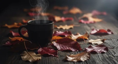 Steaming Black Mug Among Autumn Leaves on Wood - free nature wallpaper 4224×2304