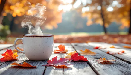 Steaming Mug With Autumn Leaves On Wooden Deck - free nature wallpaper 3780×2160
