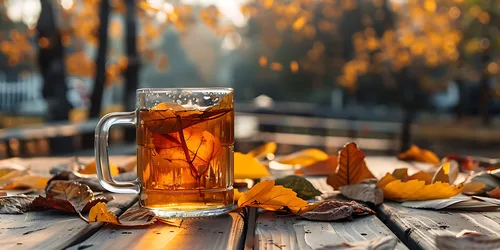 Autumn Tea Mug with Fall Leaves on Wooden Deck - free nature wallpaper 4608×2304