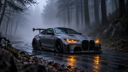 Silver Sports Car in Misty Forest Road at Night - free cars & vehicles wallpaper 8360×4705