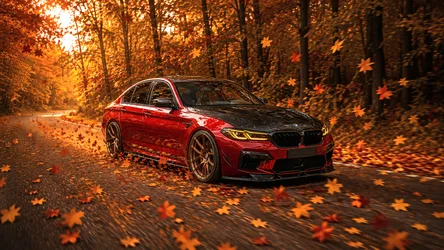 Red BMW M Sport Sedan in Autumn Forest Road - free cars & vehicles wallpaper 8360×4705