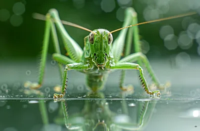 Green Grasshopper on Wet Surface Close-Up - free animals wallpaper 2048×1345