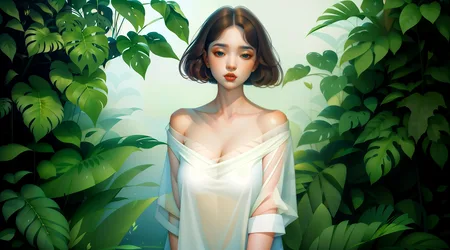 Woman in White Drape Among Tropical Green Foliage - free art & design wallpaper 3840×2132