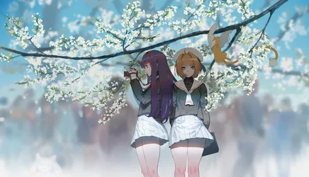 Two Anime Girls Under Blooming Cherry Blossom Branch - free anime wallpaper 1920×1100
