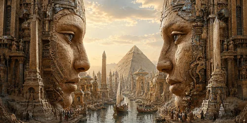 Ancient Egyptian Gateway with Pyramid and River - free retro & vintage wallpaper 2048×1024