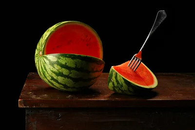 Watermelon on Wooden Table with Fork - free food wallpaper 2048×1360