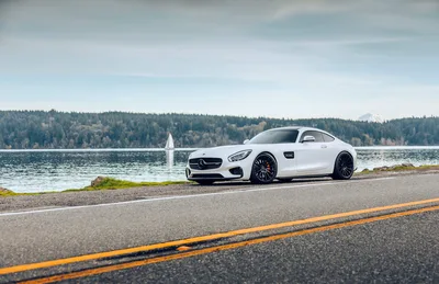White Mercedes-AMG Sports Car By Lakeside Road - free cars & vehicles wallpaper 6615×4286