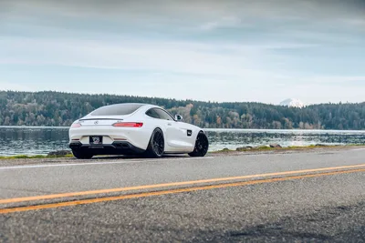 White Mercedes-AMG Sports Car by Lake with Mountain View - free cars & vehicles wallpaper 6674×4449