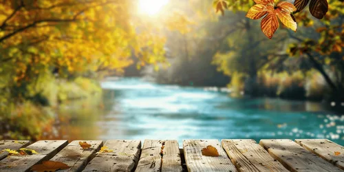 Autumn Wooden Dock Overlooking Turquoise River - free nature wallpaper 5000×2500