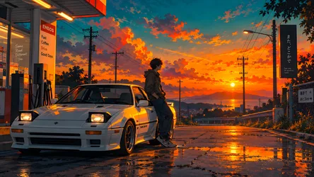 Anime Character at Gas Station with Sports Car at Sunset - free anime wallpaper 8360×4705