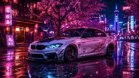 Neon-Lit BMW M4 in Cyberpunk Tokyo Street - free wallpaper 8360×4705