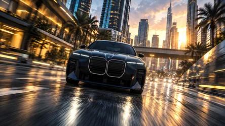 Luxury Black SUV Speeding Through Neon-Lit Urban Street - free wallpaper 8360×4705