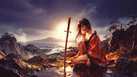 Warrior Woman by the Sea with Sword - free wallpaper 3840×2160