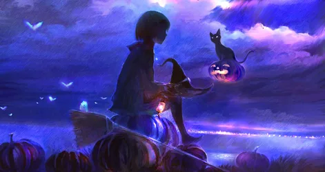 Silhouetted Figure With Jack-O'-Lantern Under Purple Night Sky - free anime wallpaper 2033×1080