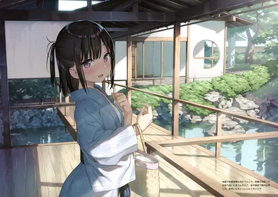 Anime Girl in Traditional Clothing by Wooden Porch - free wallpaper 3500×2475