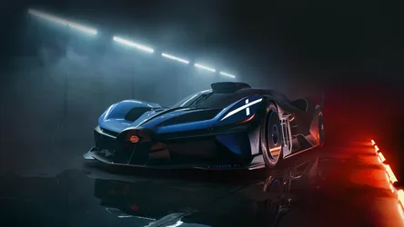Bugatti Bolide Hypercar in Dark Garage with Neon Lights - free wallpaper 9504×5346