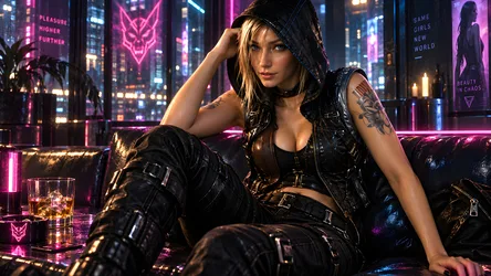 Cyberpunk Woman in Neon-Lit Futuristic City - free wallpaper 6688×3764
