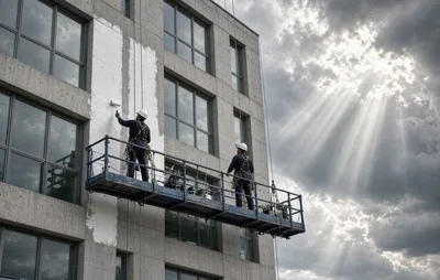 Workers on Suspended Platform Cleaning Building Facade - free photography wallpaper 2129×1354
