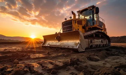 Bulldozer Operating at Sunset in Desert Landscape - free cars & vehicles wallpaper 5696×3392