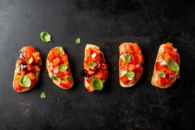 Five Bruschetta Toasts with Tomatoes and Basil - free food wallpaper 5107×3405