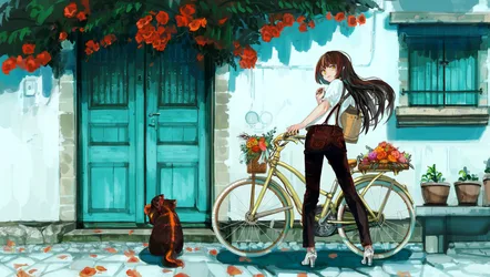 Anime Girl With Bicycle And Flowers By Turquoise Door - free wallpaper 4076×2304