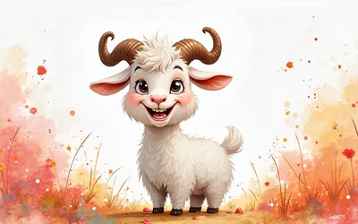 Cheerful Cartoon Goat in Colorful Watercolor Field - free animals wallpaper 3840×2400