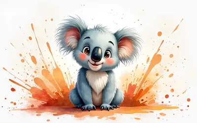 Cheerful Cartoon Koala With Watercolor Splash Background - free animals wallpaper 3840×2400