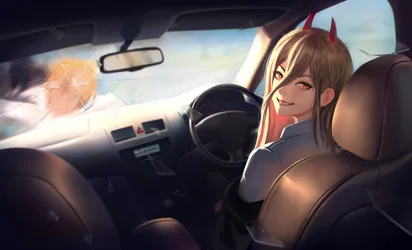 Anime Character Driving Car with Windshield Damage - free cartoons & comics wallpaper 6485×3935