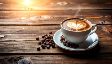 Latte Art Coffee Cup on Wooden Table with Beans - free wallpaper 3780×2160