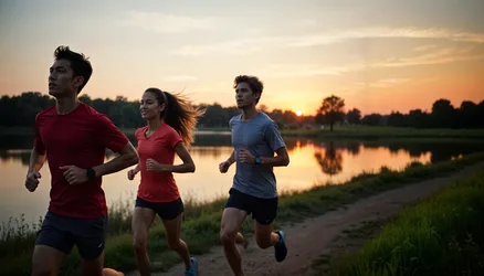 Three Runners Jogging Along Riverside at Sunset - free people & portraits wallpaper 4096×2336