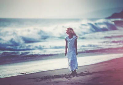 Girl in White Dress Standing on Beach Watching Waves - free wallpaper 2048×1408