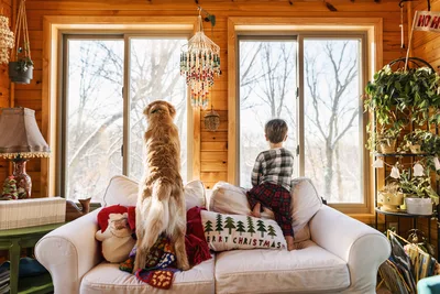 Child and Dog on Couch Looking Out Cabin Windows - free people & portraits wallpaper 5915×3949