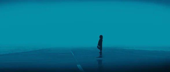 Solitary Figure Standing in Misty Blue Landscape - free wallpaper 5640×2400