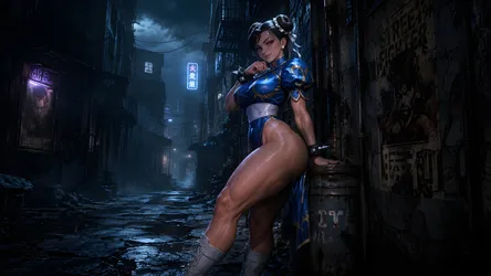 Warrior Woman in Blue Armor in Neon-Lit Alley - free gaming wallpaper 6688×3764
