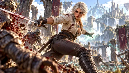 Warrior Woman with Sword in Fantasy Castle - free gaming wallpaper 8360×4705