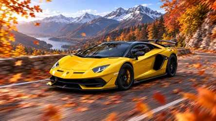 Yellow Supercar on Mountain Road in Autumn - free wallpaper 8360×4705