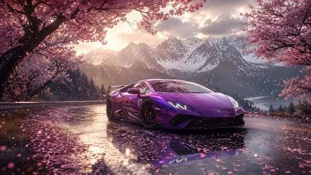 Purple Lamborghini Sports Car Among Cherry Blossoms - free cars & vehicles wallpaper 8360×4705