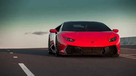 Red Lamborghini Supercar on Desert Highway - free wallpaper 5120×2880